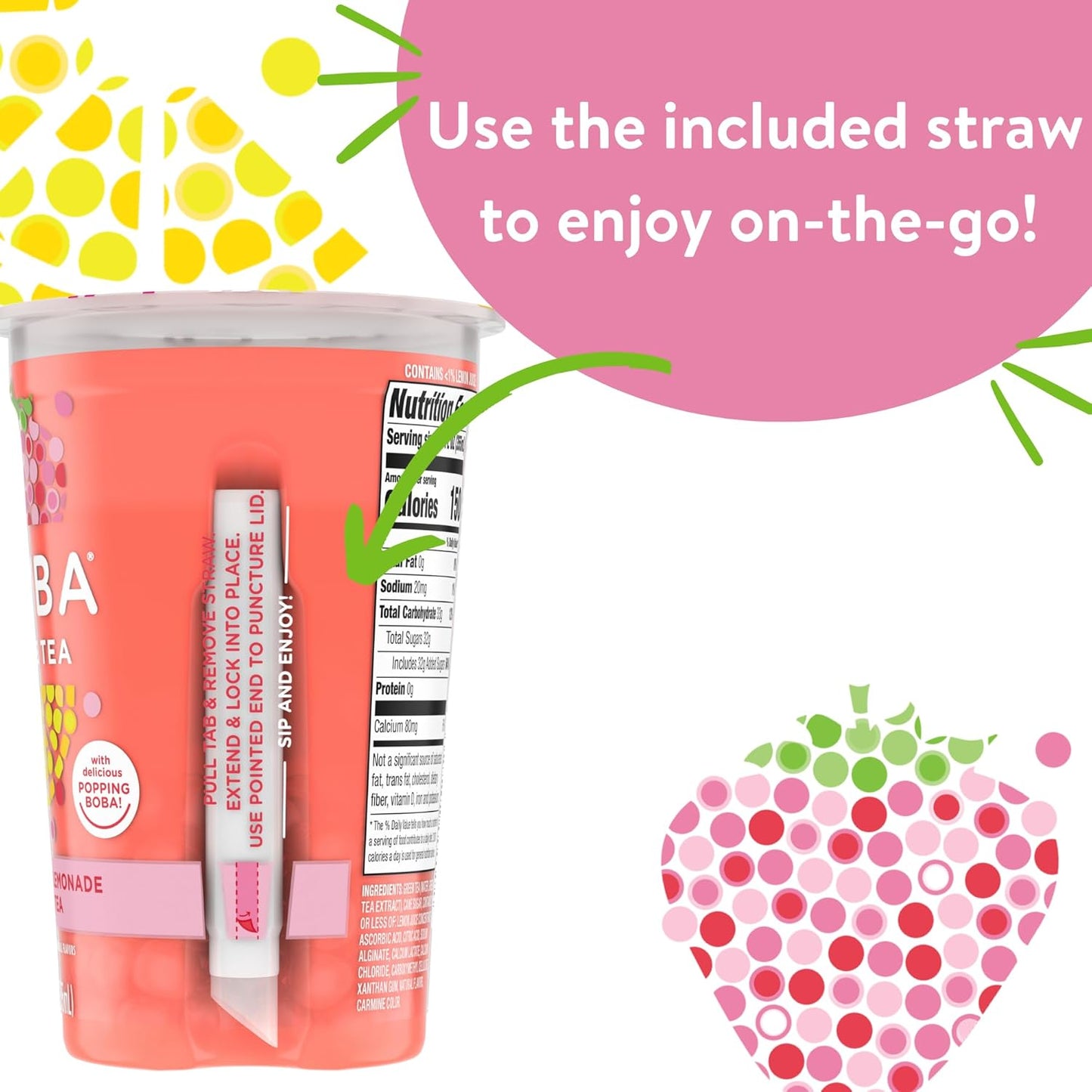 Joyba Bubble Tea Strawberry Lemonade Green Tea, 6 Pack, 12 fl. oz. Cups