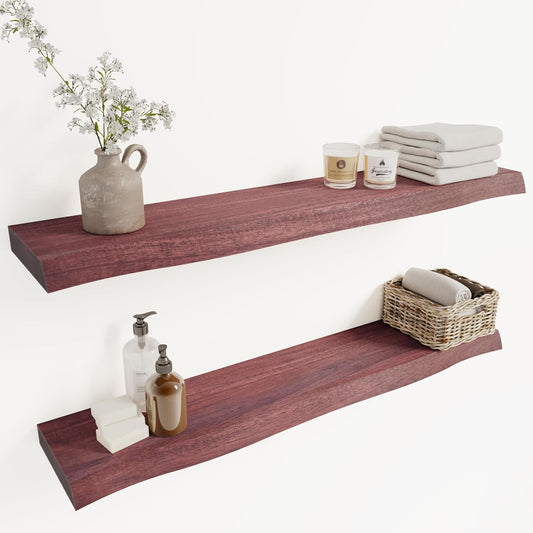 36" Acacia Live Edge Floating Shelves Set of 2 - Wall Mounted Wooden Shelf for Stylish Home Décor - Cherry Color 36x7.5x1.5 Inches