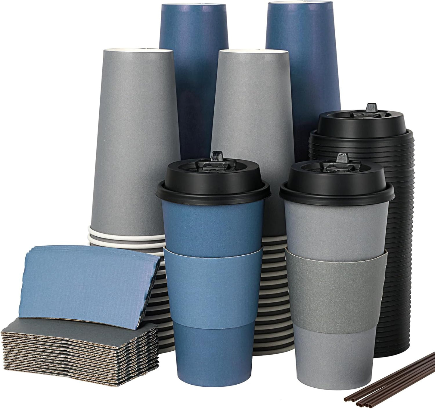 LITOPAK 100 Pack 20 oz Disposable Paper Coffee Cups with Lids, Sleeves and Stirring Sticks for Hot Coffee, Water or Juice, Blue and Gray Hot Paper Cups for Cafes, schools, offices, shops