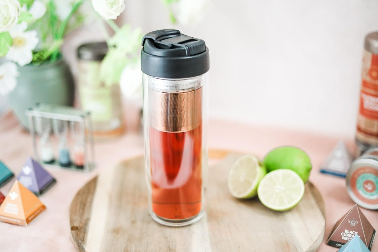 Teabloom Travel Tea Infusing Cup – Insulated Borosilicate Glass Bottle with Magnetic Controlled Infuser and Flip Lid for Hot Tea, Cold-brew Coffee, Fruit Water – The Innovator Tumbler (15oz/450ml)
