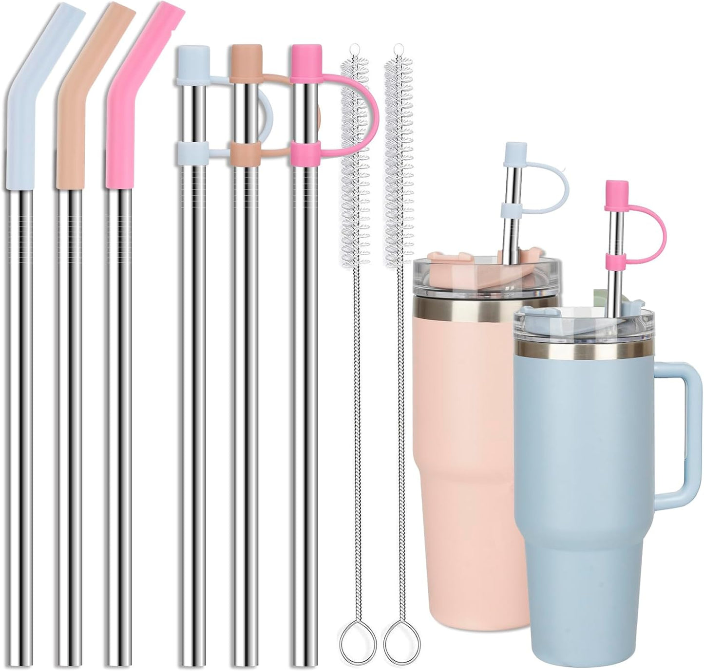 Stainless Steel Straws with covers fit Stanley 14oz & 20oz tumbler, Reusable 8.6 Inch Straw with Silicone Tips & Cover Caps, Compatible with Stanley Quencher H2.0 (6 Pack: 3 Bent + 3 Straight)
