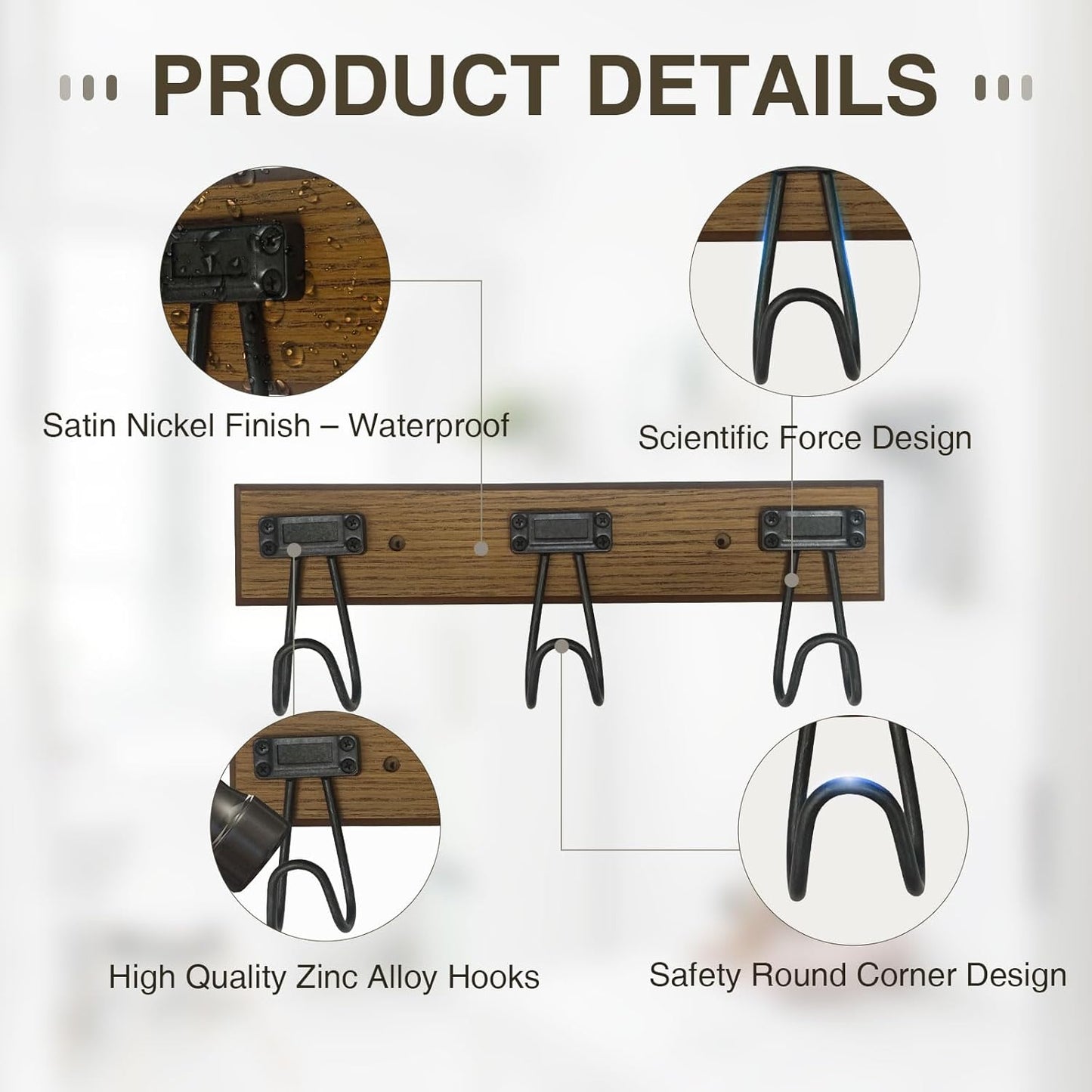 16" Wall Mounted Heavy Duty Label Hook Rack with 3 Hooks, for Hanging Coat, Hat, Jacket or Towel, Fit for Entryway, Hallway, Bedroom, Bathroom, Walk-in Closet and More - Brown/Black