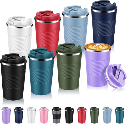 Volhoply 13 oz Stainless Steel Insulated Travel Coffee Mug with Fip Lid Bulk 8 Pack,Reusable Double Wall Vacuum Metal Coffee Cup,Portable Leak Proof Thermal Tumbler for Hot&Cold Drinks(Assort Color,8)
