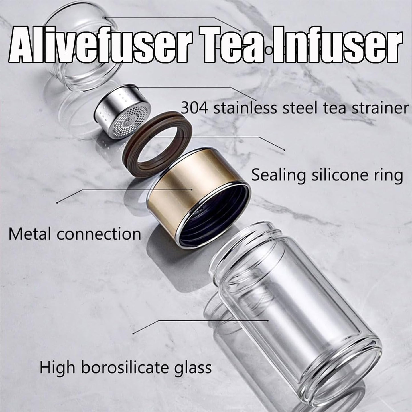 Tryteava Glass Infuser, Tryteava 3-in-1 Smart Tea Infuser, Portable Glass Double Wall Tea Infusers Bottle, with Stainless Steel Filter, Hot & Cold Brew, For Loose Leaf, Office Home (Gold, 280ml)