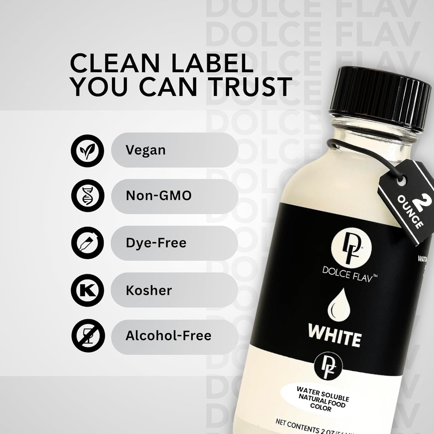 Dolce Flav Natural White Food Coloring – 2 oz Liquid Whitening Dye from Palm Oil with Graduated Dropper | Water-Soluble | For Frostings, Fillings & Beverages | Kosher | Made in USA
