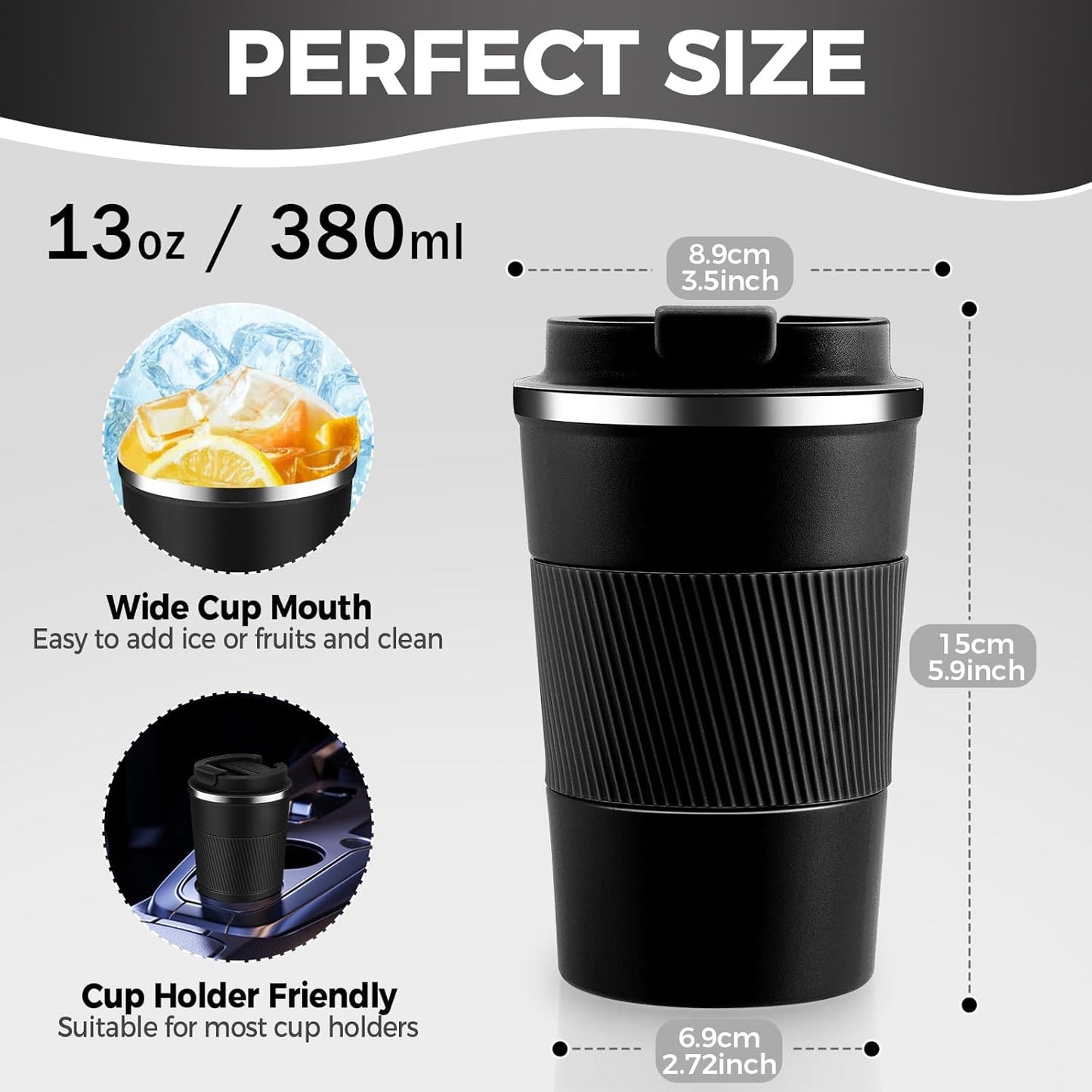 Volhoply 13 oz Stainless Steel Insulated Travel Coffee Mug with Fip Lid Bulk 4 Pack,Reusable Double Wall Vacuum Metal Coffee Cup,Portable Leak Proof Thermal Tumbler for Hot & Cold Drinks(Black,4)