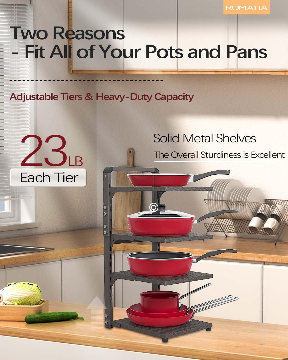Pot and Pan Organizer Rack for under Cabinet, Heavy Duty Pot Pan Rack under Sink Organizers and Storage, Pot lid organizer, Kitchen Cabinet Organizer with 4 Adjustable Shelves