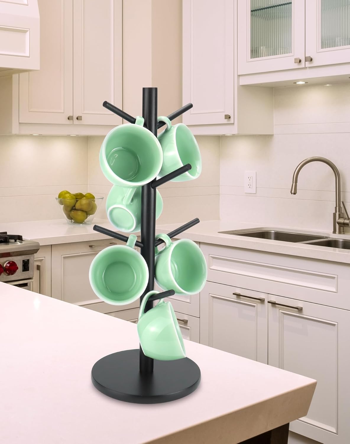 QWORK Wooden Mug Holder Tree with 8 Hooks - Black, Non-Slip Padded Base, Multipurpose Organizer for Mugs, Donuts, and Jewelry