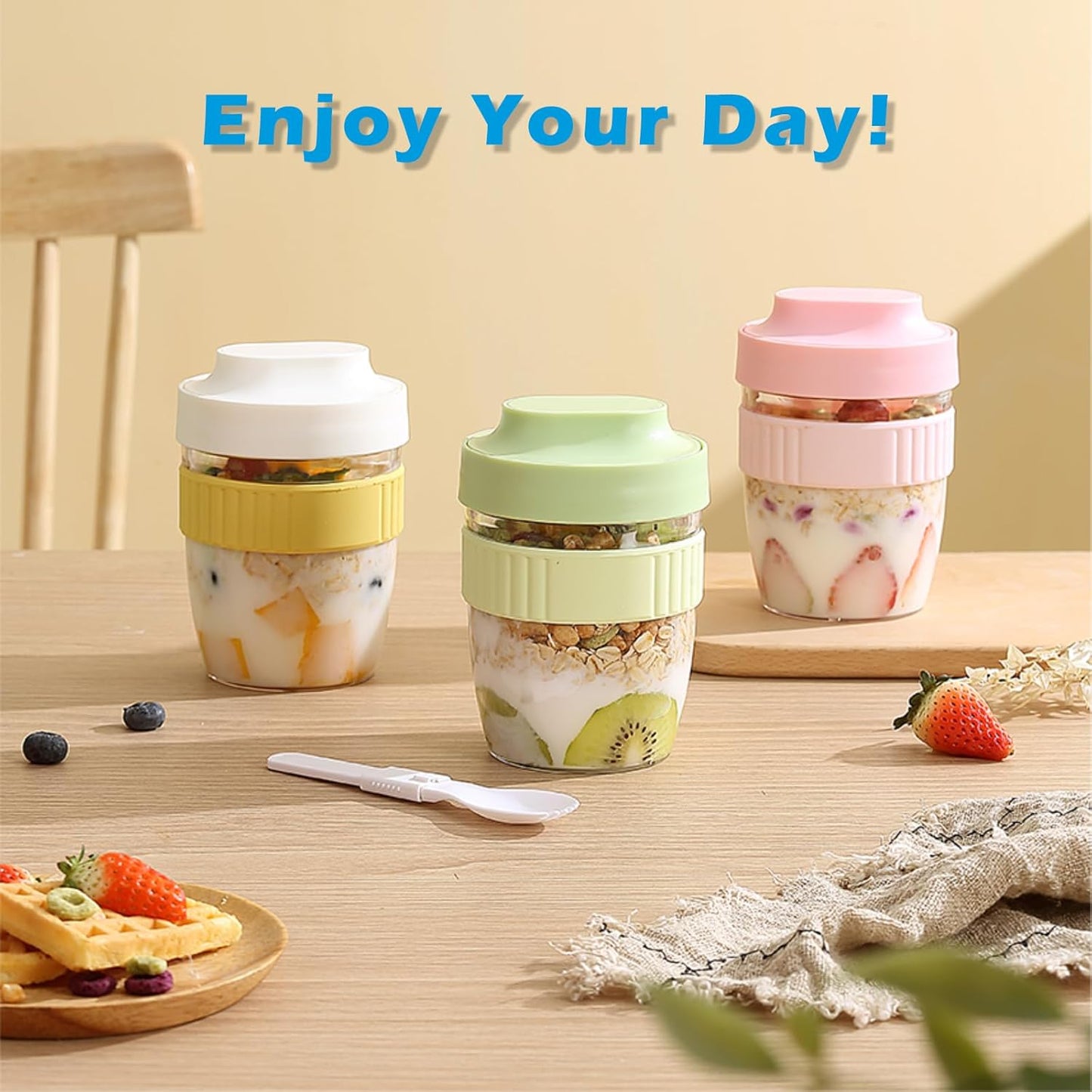 Breakfast On The Go Cups, Overnight Oats Containers With Lid And Folding Spoon, Take And Go Yogurt Cereal Snack Parfait Salad Containers For Lunch, Fruit & Vegetable Jar, 20 oz(Purple)