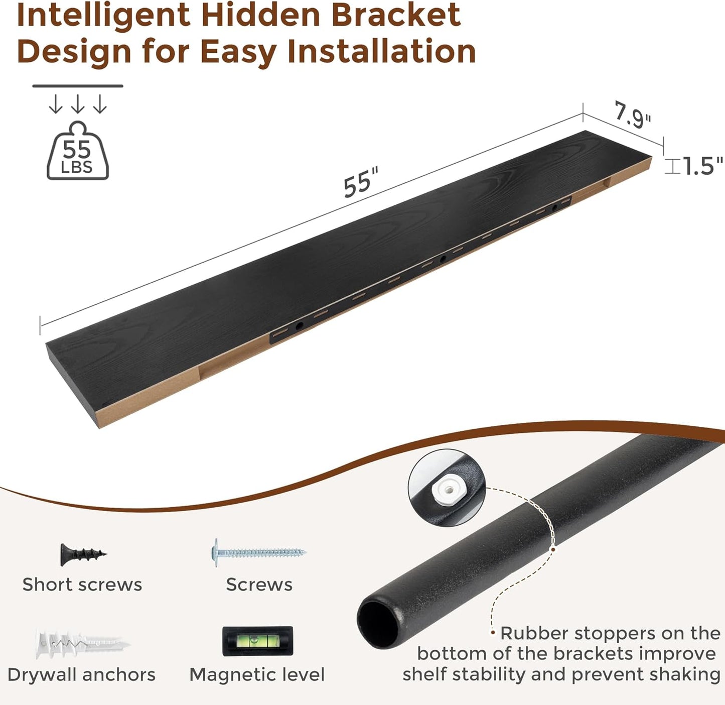 Heimlove 55 Inch Floating Shelves for Wall 8 Inch Deep Black Shelves Set of 2,Wall Mounted Rustic Wood Long Floating Shelf，Large Extra Display & Storage Shelf with Invisible Brackets