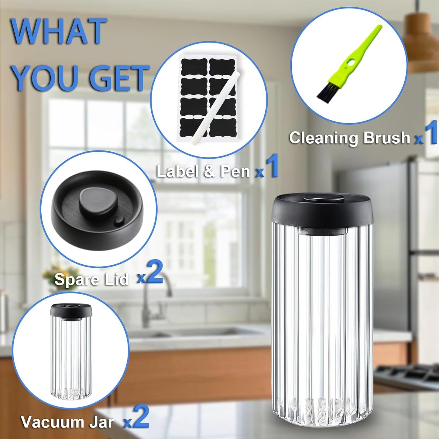 Vacuum Coffee Canister,2PCS 61FLOZ Borosilicate Glass Jar with Spare Airtight lid, Label and Brush, Coffee Bean Storage for Coffee Beans & Grounds Coffee(Clear Glass)