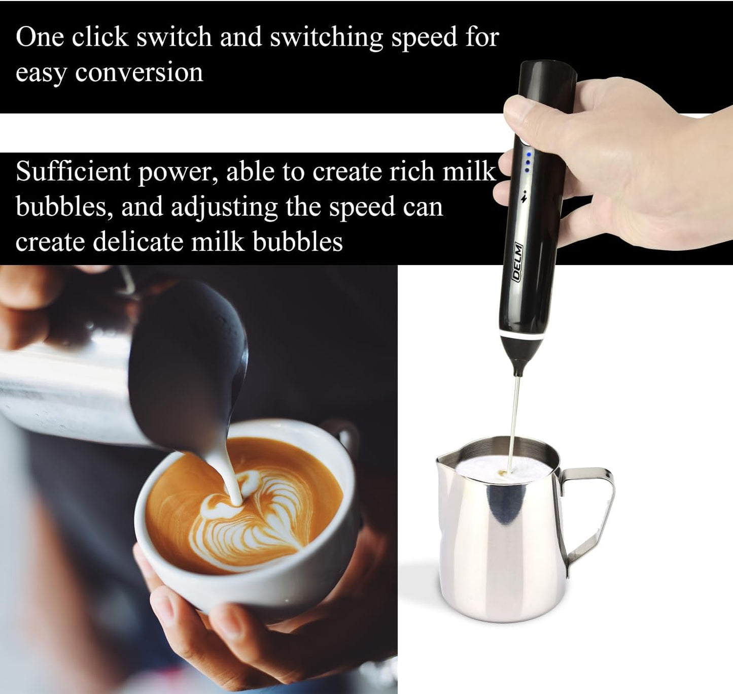 Delm Milk Frother Electric USB Stainless Steel Accessory - Frother Wand Foam Maker for Lattes - Milk Frother Handheld for Cappuccino, Frappe, Matcha, Hot Chocolate - Frother for Coffee (black)