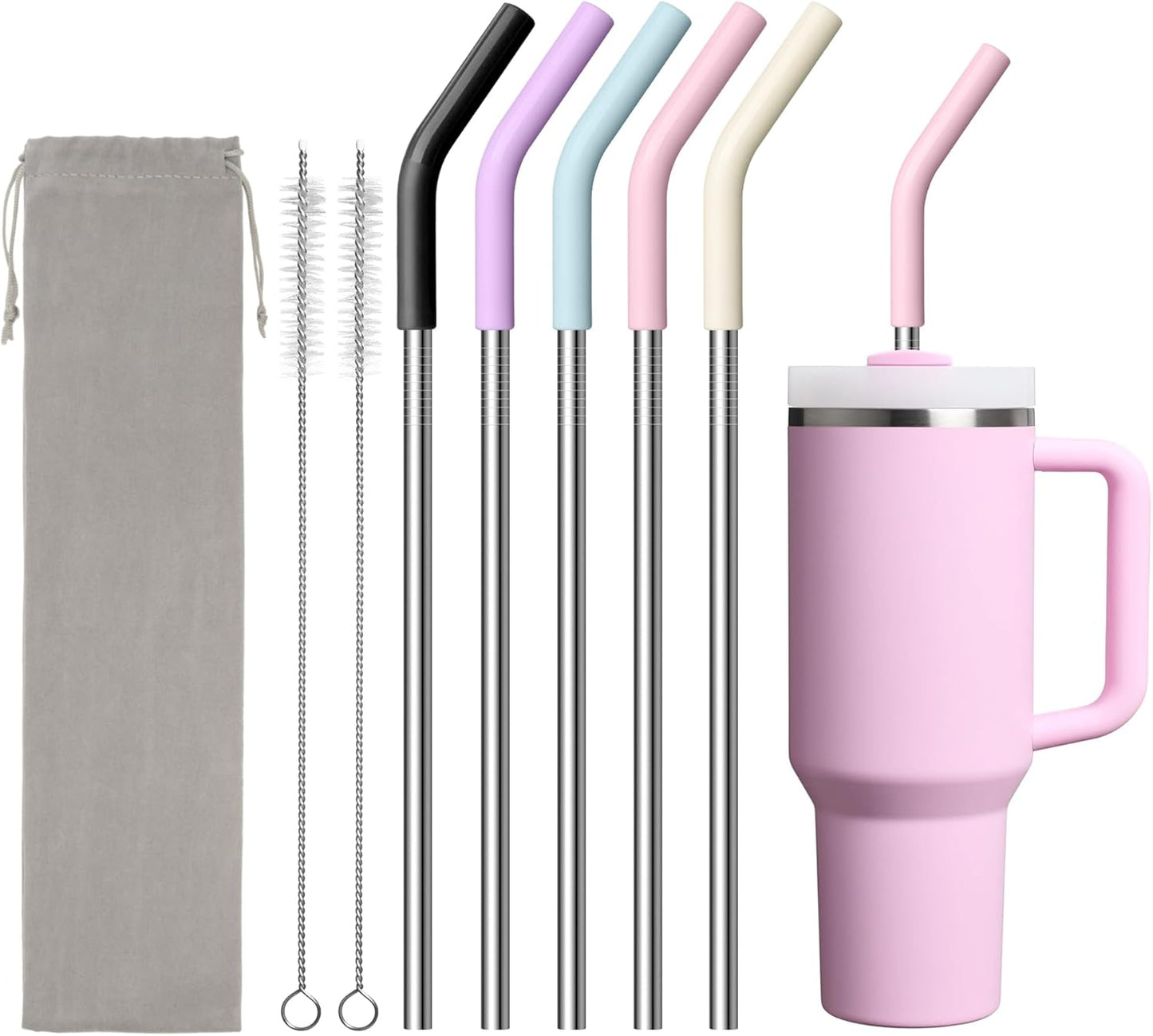 Metal Straw Reusable for Stanley Cup 40 oz Tumbler, Stainless Steel Replacement Straight Straw for Simple Modern, Meoky, Owala Tumbler for 40 oz Tumblers, Cleaning Brush, 1 Portable Bag