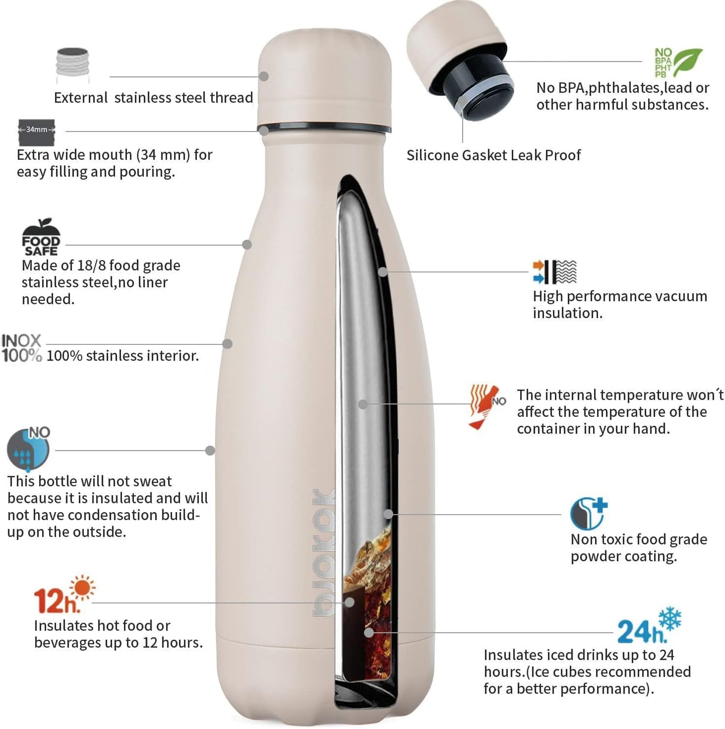 BJPKPK 12oz Small Water Bottle Stainless Steel Insulated Water Bottle for Travel,Apricot
