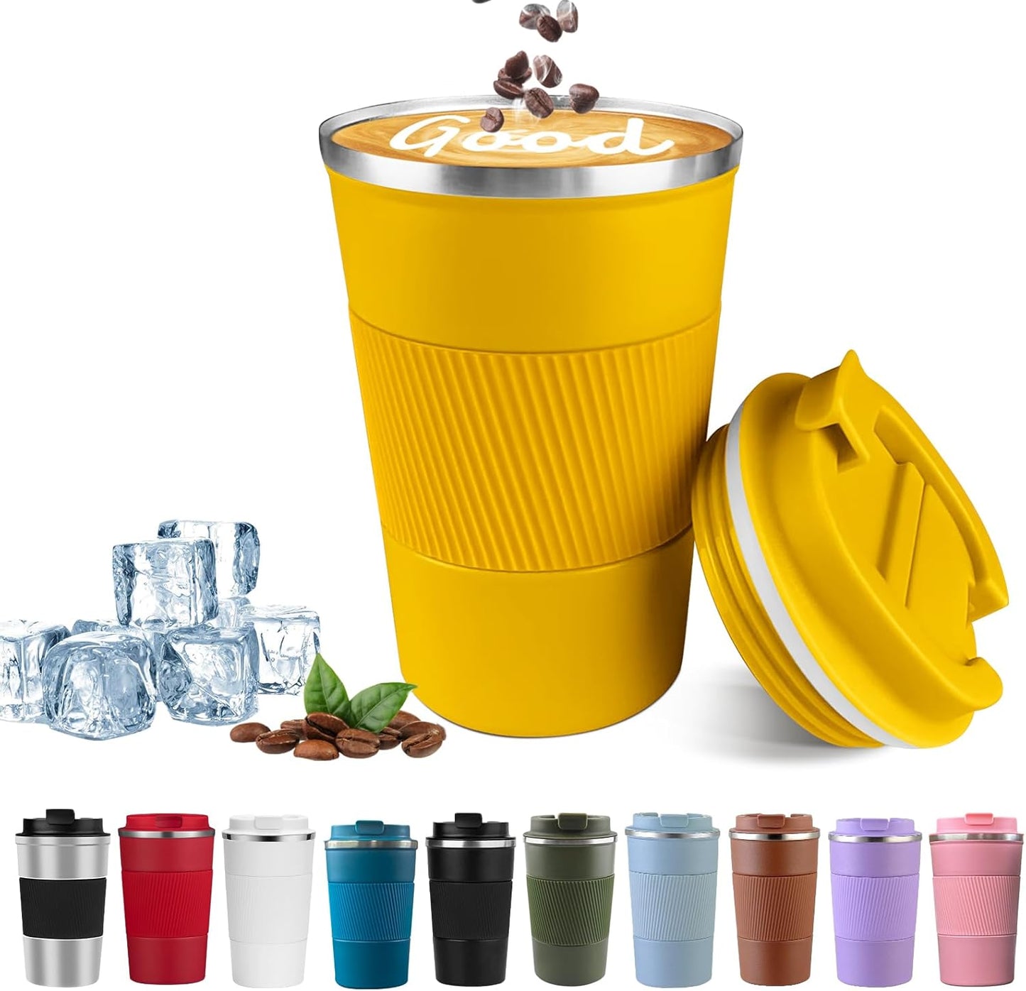 YINBAOGE Insulated Travel Coffee Mug, Spill & Leak Proof, Portable To Go Camping Stainless Steel Coffee Tumbler, Reusable Thermal Coffee Cup with Lid for Hot & Cold Drinks (Yellow, 12 OZ)