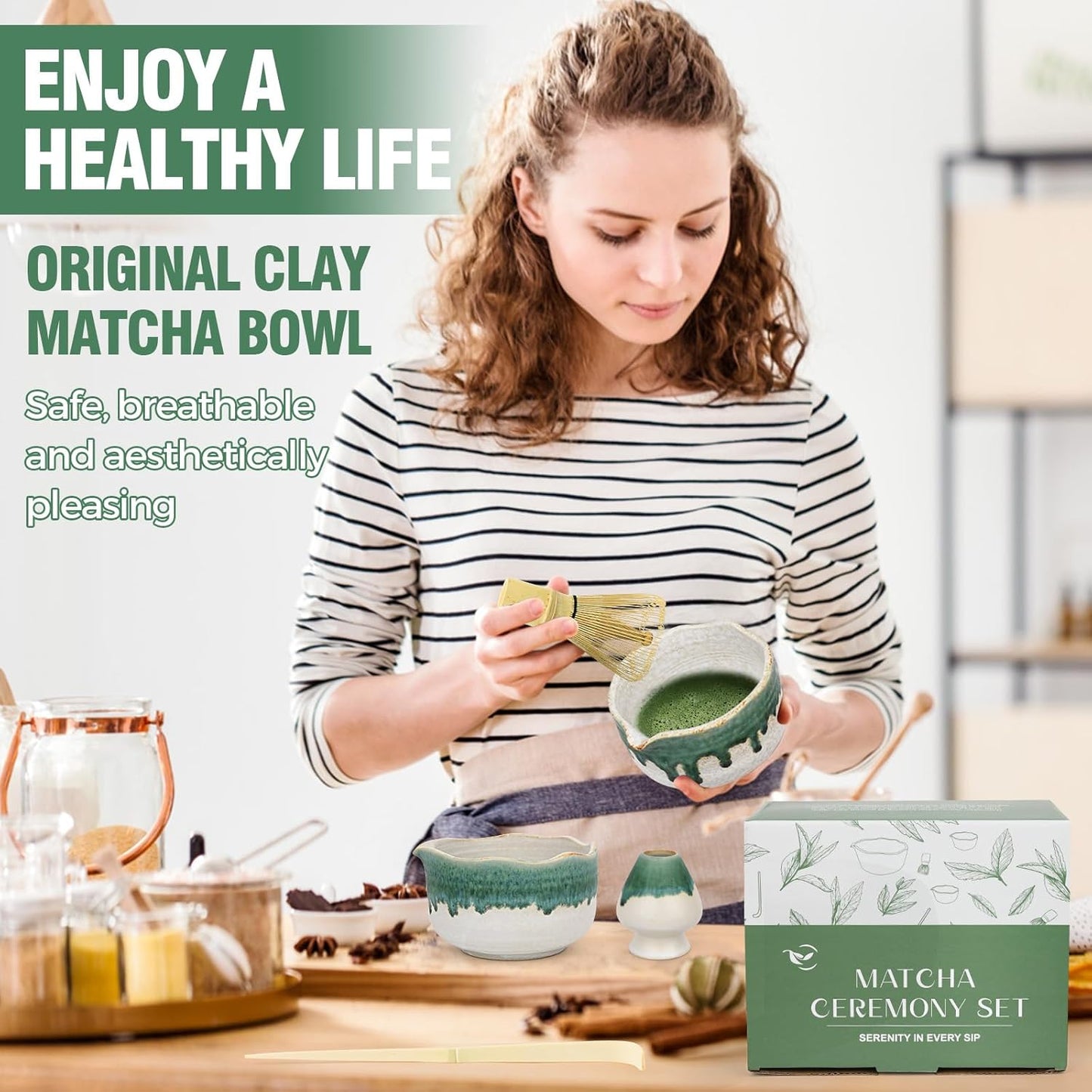 Pottery Matcha Set - Japanese Handcrafted Matcha Tea Bowl Mineral Glaze Bowl with Spout, Bamboo Whisk, Scoop & Chasen Holder | 4pc Tea Ceremony Kit for Matcha Lovers (Snowy Jade)