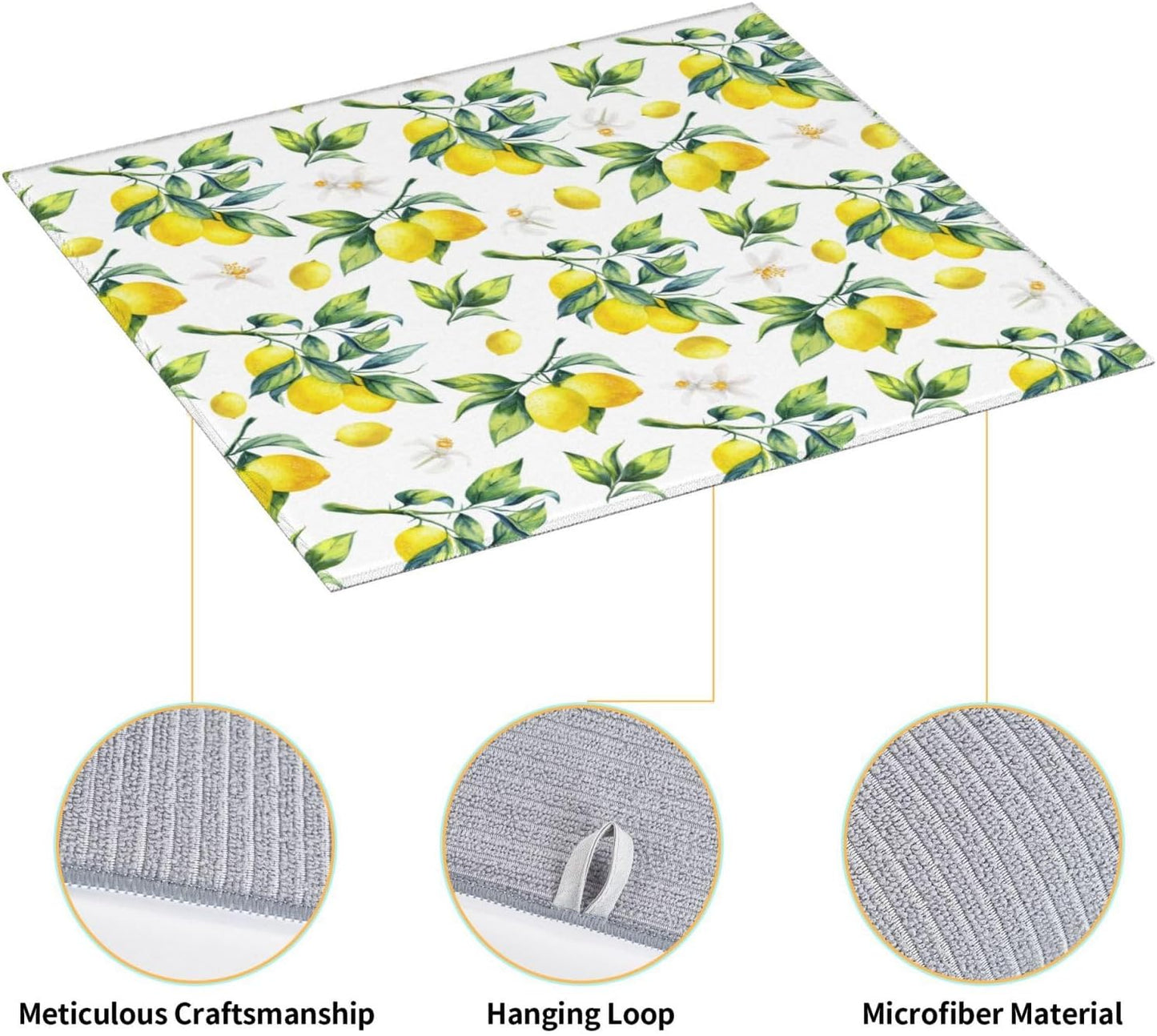 Tropical Lemon Leaves Dish Drying Mat, Highly Absorbent Microfiber Kitchen Counter Pad Reusable Washable, 16*18"