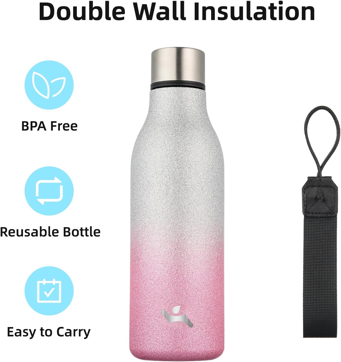 Insulated Water Bottle with Strap,18 oz Double Wall Stainless Steel Vacuum Bottles Metal Water Flask,Sparkling Silver Pink