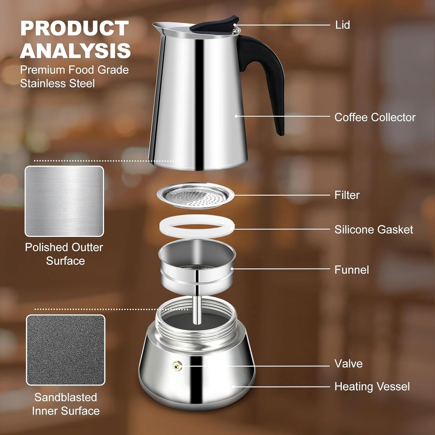 4 Cup Stovetop Espresso Maker Stainless Steel Moka Pot Stove Top Percolator Italian Coffee Makers Capable Mocha Greca Machine Cafe Classic Induction Cookers for Home and Camping 200ml 6.6oz