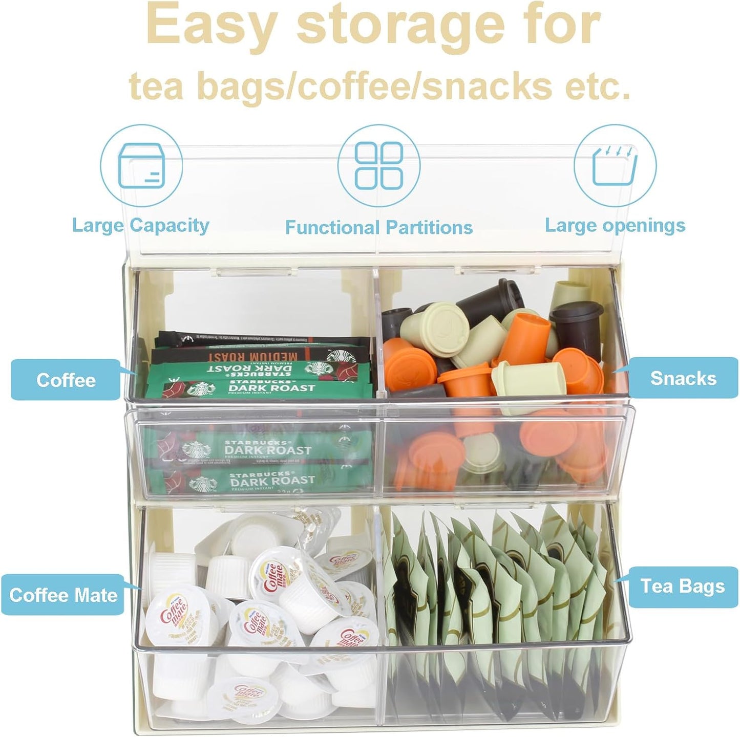 Bokelai Plastic Tea Bag Organizer with Lid - Large Capacity K Cup Holder Countertop Storage Station for Capsule Creamer Sugar Pods Face Mask Organizer Cream/Clear