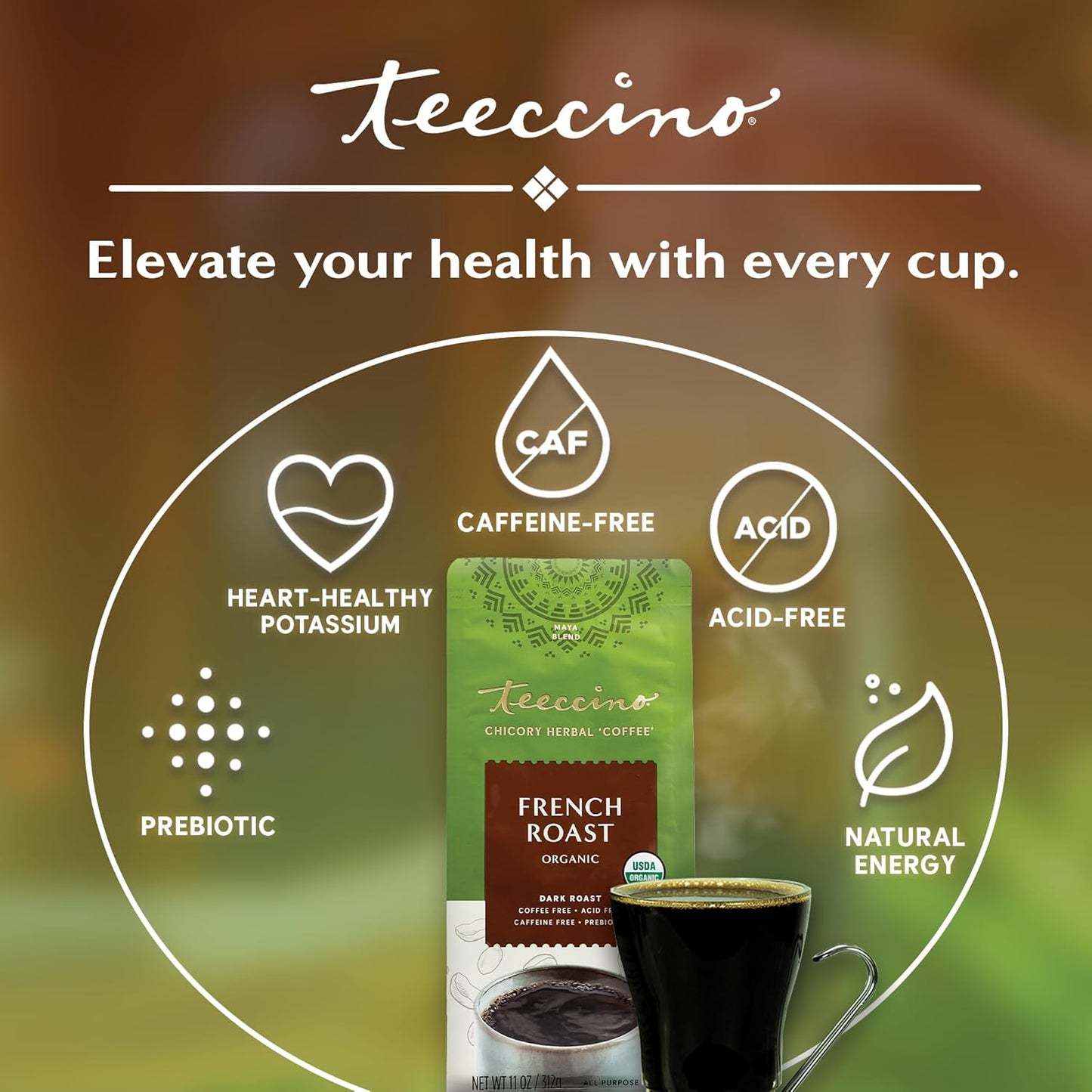 Teeccino French Roast Chicory Coffee Alternative - 11 Ounce - Ground Herbal Coffee That’s Prebiotic, Caffeine-Free & Acid Free, Dark Roast, (Pack of 3)