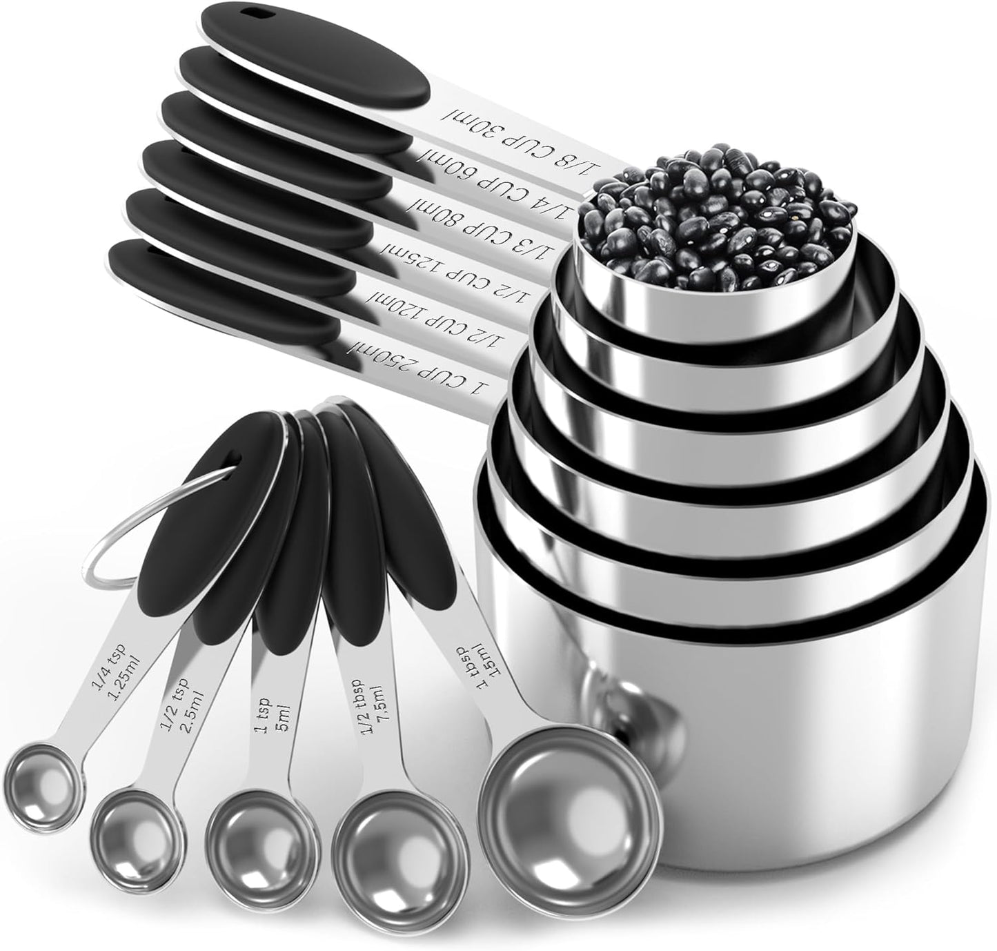 TILUCK Measuring Cups and Spoons Set, Stainless Steel, Kitchen Utensils for Cooking and Baking (11, Black)