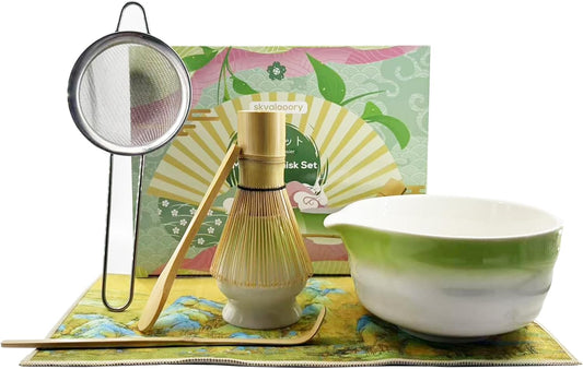 Matcha Whisk Set 7 Pcs Ceremony Kit - Gradient Glaze Ceramic Bowl, Bamboo Chasen & Holder, Sifter Scoop Gift for Matcha Lovers (Christmas/Birthday) (Green)