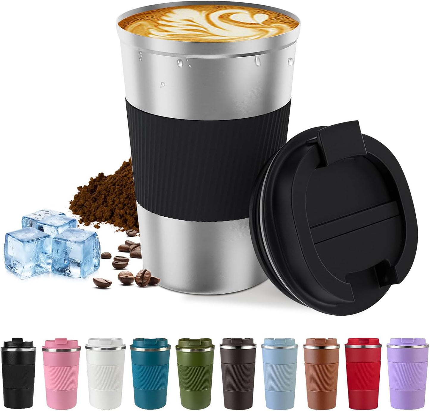 Vacuum-Insulated Stainless Steel Travel Coffee Mug, Leak-Proof Reusable Coffee Cup with Lid - Keep Hot & Cold Drinks for Hours, Durable Thermos Tumbler for Men & Women (3rd-Silver black, 17OZ)