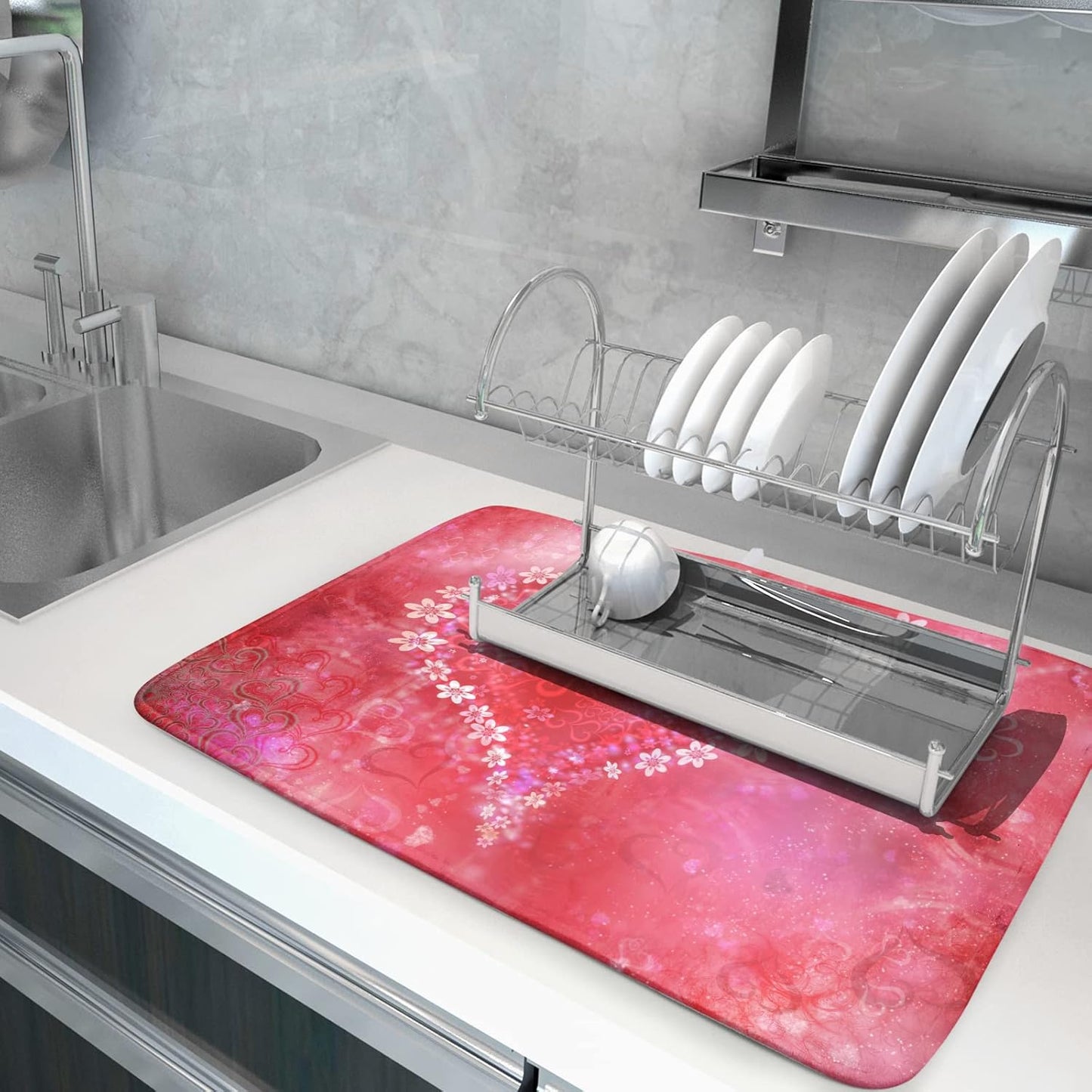 Valentines Day Dish Drying Mat for Kitchen Counter Red Heart Flower Decor Drying Mat 18 x 24 Inch with Absorbent Reversible Microfiber Dish Drying Pad Dish Rack Drainer Mat for Coffee Bar