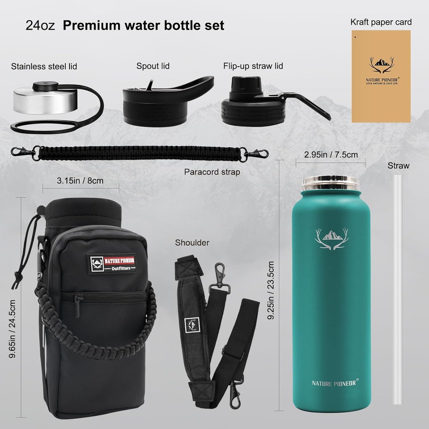 NATURE PIONEOR Insulated Water Bottles with Carrier Holder Sleeve - 24 ounce Stainless Steel Water Bottle with 3 Lids,straw,Keeps Hot and Cold