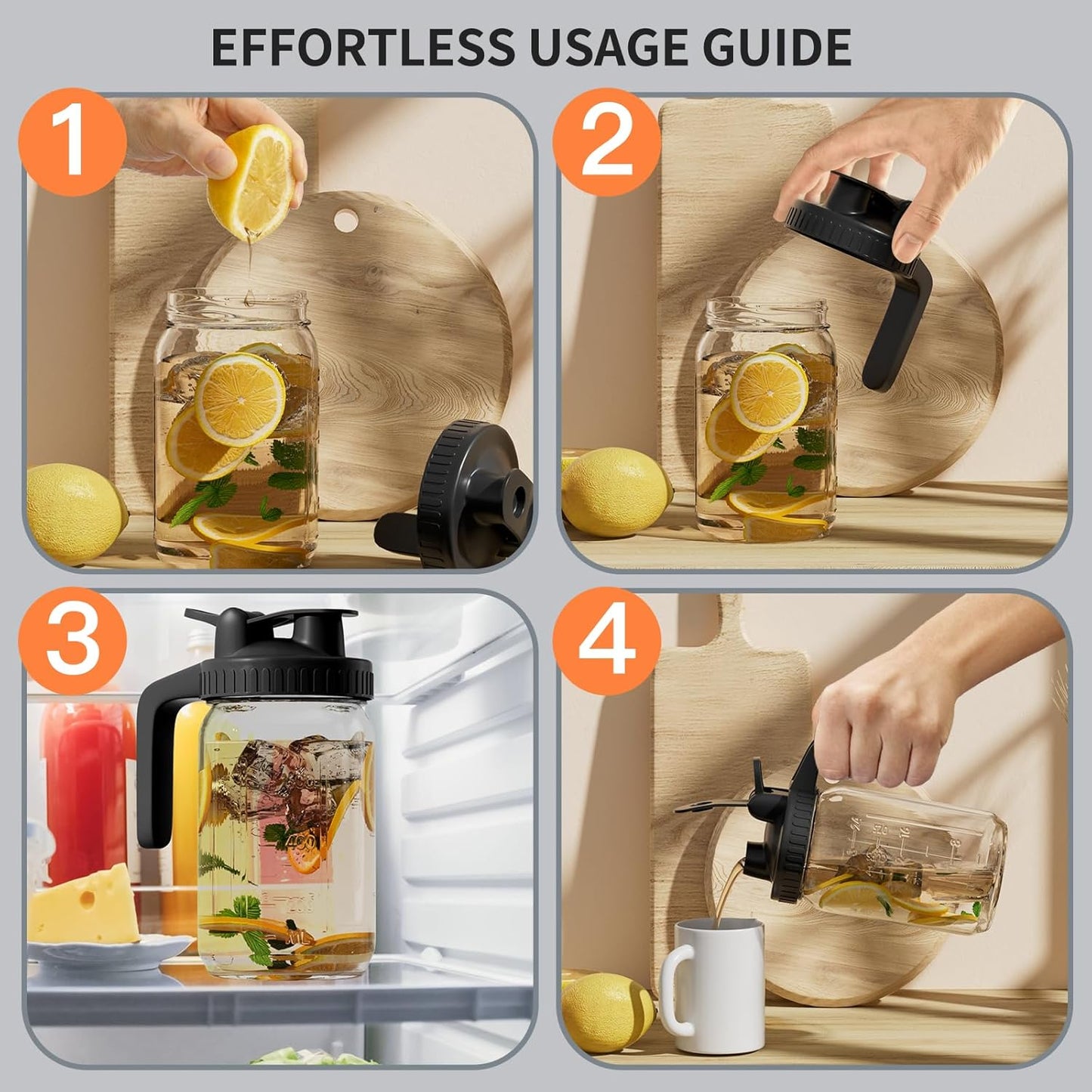 Glass Mason Jar Pitcher - 32oz with Pour Spout Lid, Airtight Seal - Ideal for Cold Brew Coffee, Juice, Lemonade, and More - Premium Glass Jug for Beverages and Sun Tea-Dark Cover