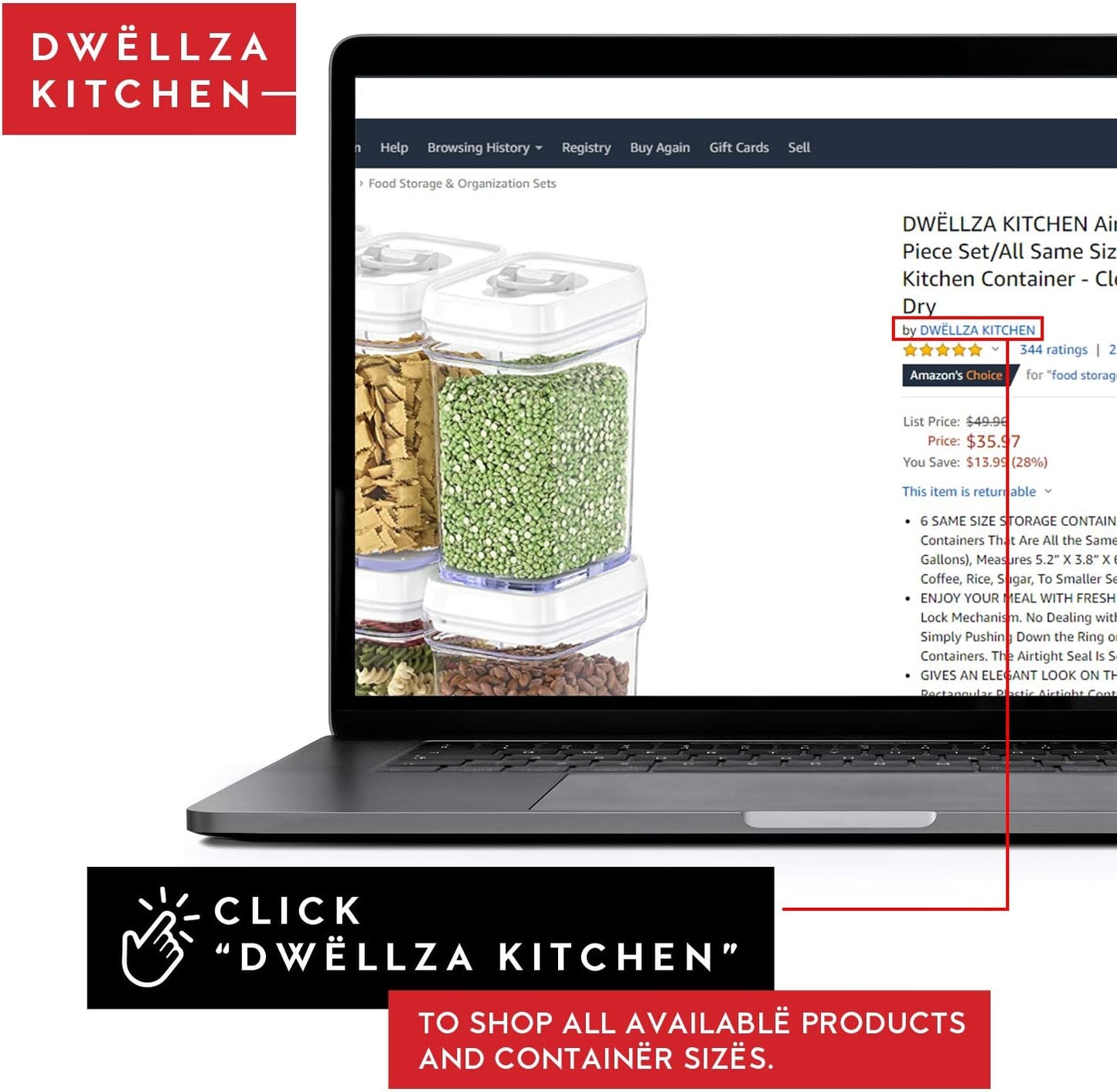 DWËLLZA KITCHEN Airtight Food Storage Containers with Lids - 5 Piece Set - Kitchen Accessories - Pantry Organization and Storage Containers for Food - Clear BPA-Free - Keeps Food Fresh & Dry