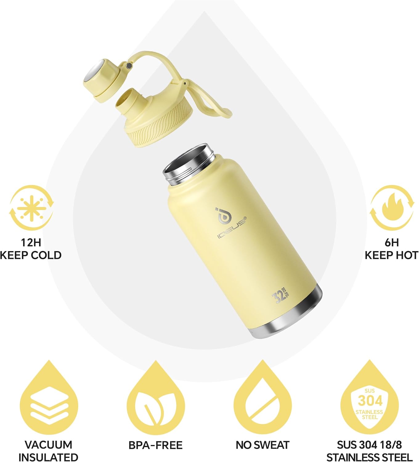 IDEUS Insulated Stainless Steel Water Bottle with 2 Leak-Proof Lids, Thermal Water Flask for Hiking Biking, 32oz, Light Yellow