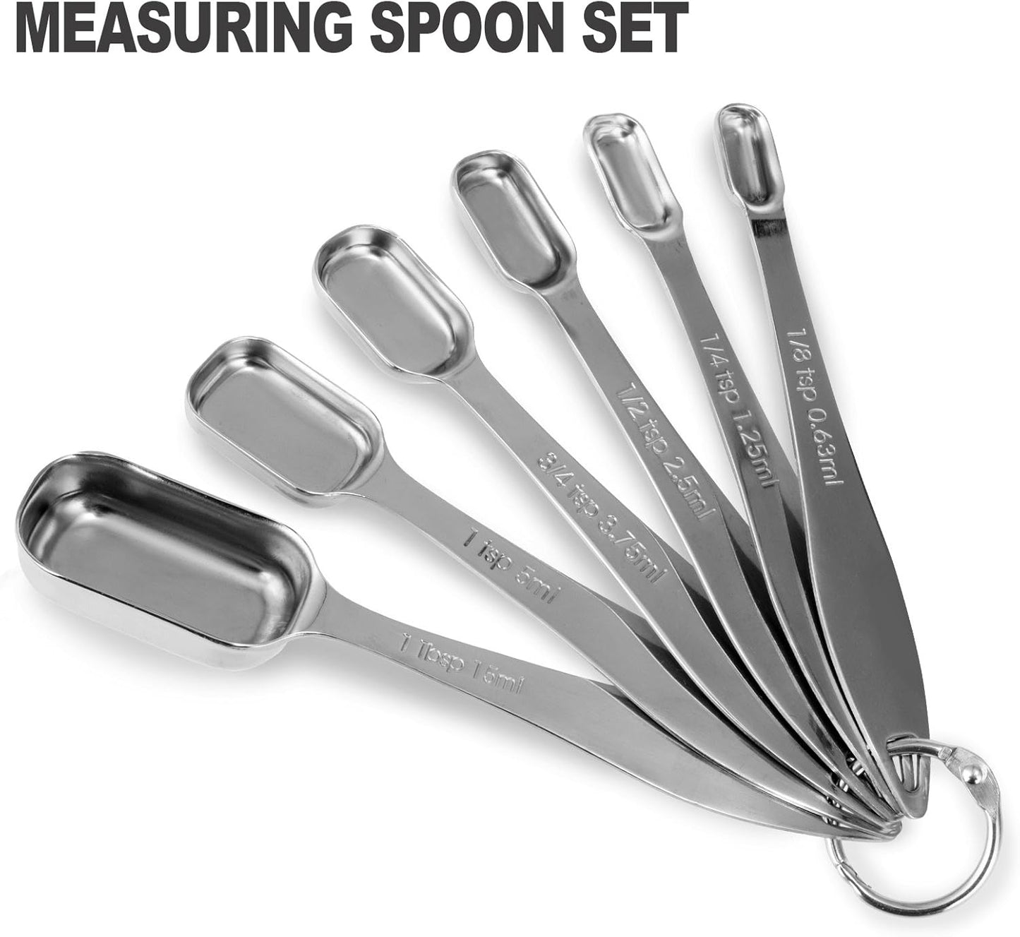 13-piece Measuring Cups and Spoons Set, 18/8 Stainless Steel Heavy Duty Ergonomic Handle with Ring Connector, Silver