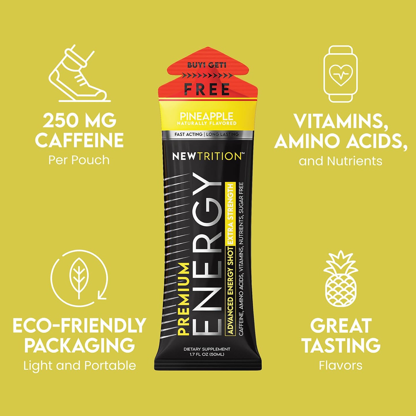 NewTrition® Extra Strength Energy Shots, 250mg Caffeine Energy Shots with Vitamin B & Amino Acids, Sugar-Free Vitamin Energy Shot, 1.7 fl oz (Pack of 6, Pineapple)