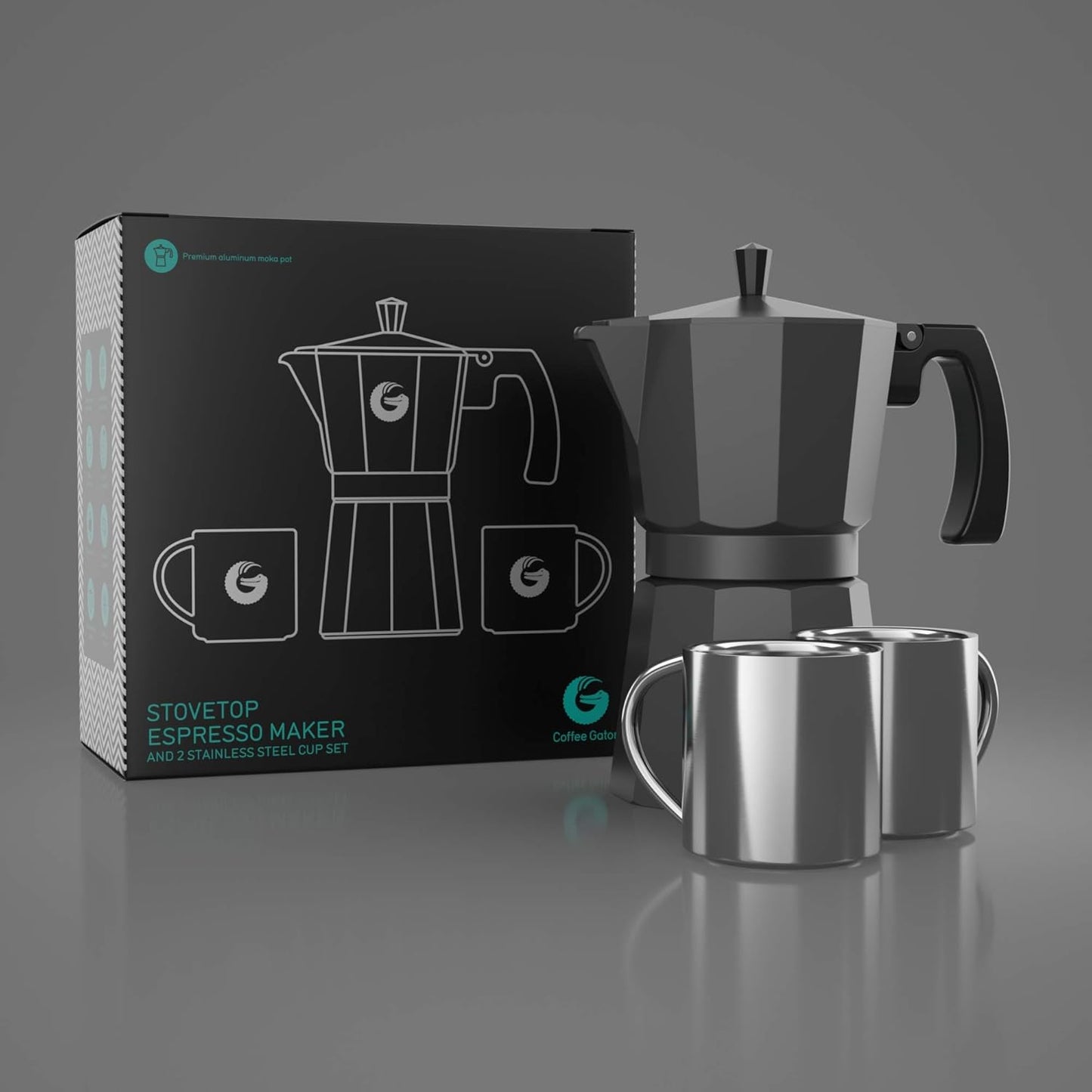 Coffee Gator Moka Pot - 6 Cup, 12oz Stovetop Espresso Maker - Classic Italian and Cuban Coffee Percolator w/ 2 Stainless-Steel Cups – Matte Grey Aluminum, 360ml