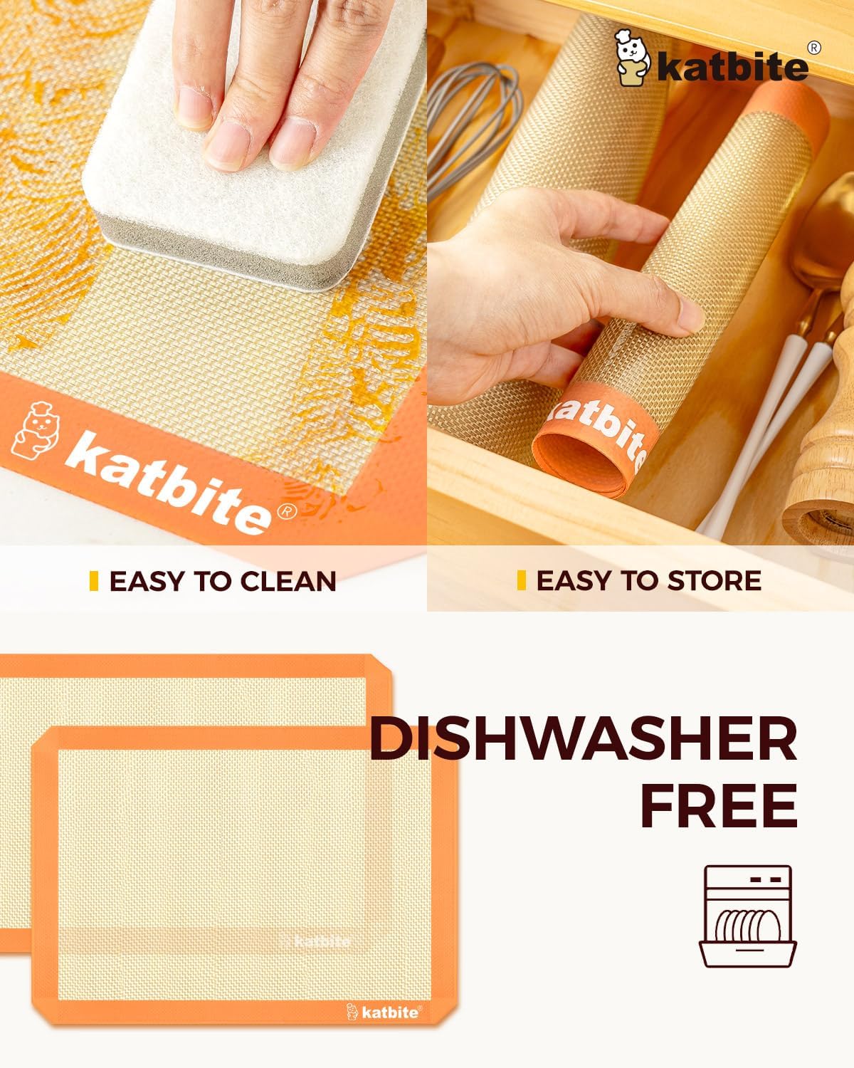 Katbite Silicone Baking Mat Colorful Collection - Set of 3: 2 Half Sheets Mats (11 5/8" x 16 1/2") + 1 Quarter Baking Sheet, Reusable & Nonstick Bakeware Mats for Cookies, Macarons, Bread (Orange)