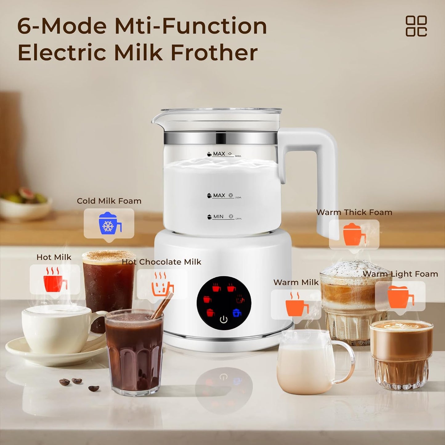 Electric Milk Frother, 6 in 1 Milk Steamer,17oz Automatic Warm and Cold Foam Maker for Coffee,Latte, Cappuccino, Macchiato, Hot Chocolate (White)