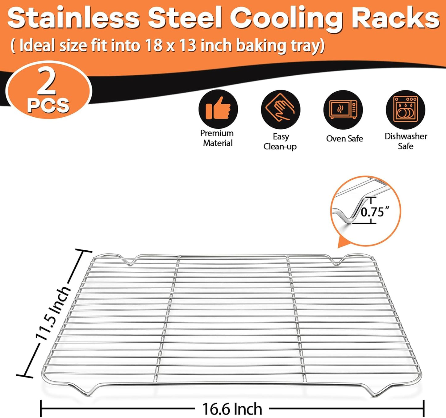 P&P CHEF Cooling Baking Rack Pack of 2, Stainless Steel Cooling Racks for Cooking Baking Roasting Grilling Drying, Dense Wires & Smooth Edge, Easy to clean, Silver, 16.6" x 11.5"