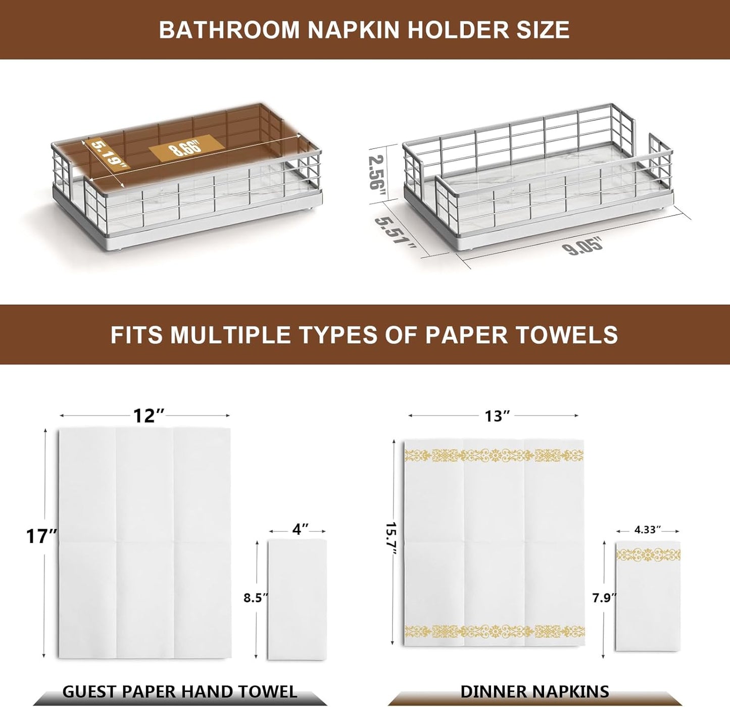 Wican Marble Guest Towel Holder Tray for Bathroom, Napkins Holder for Powder Room Dinning Table Wooden Basket for Disposable Paper Hand Towels Silvery and Marble White