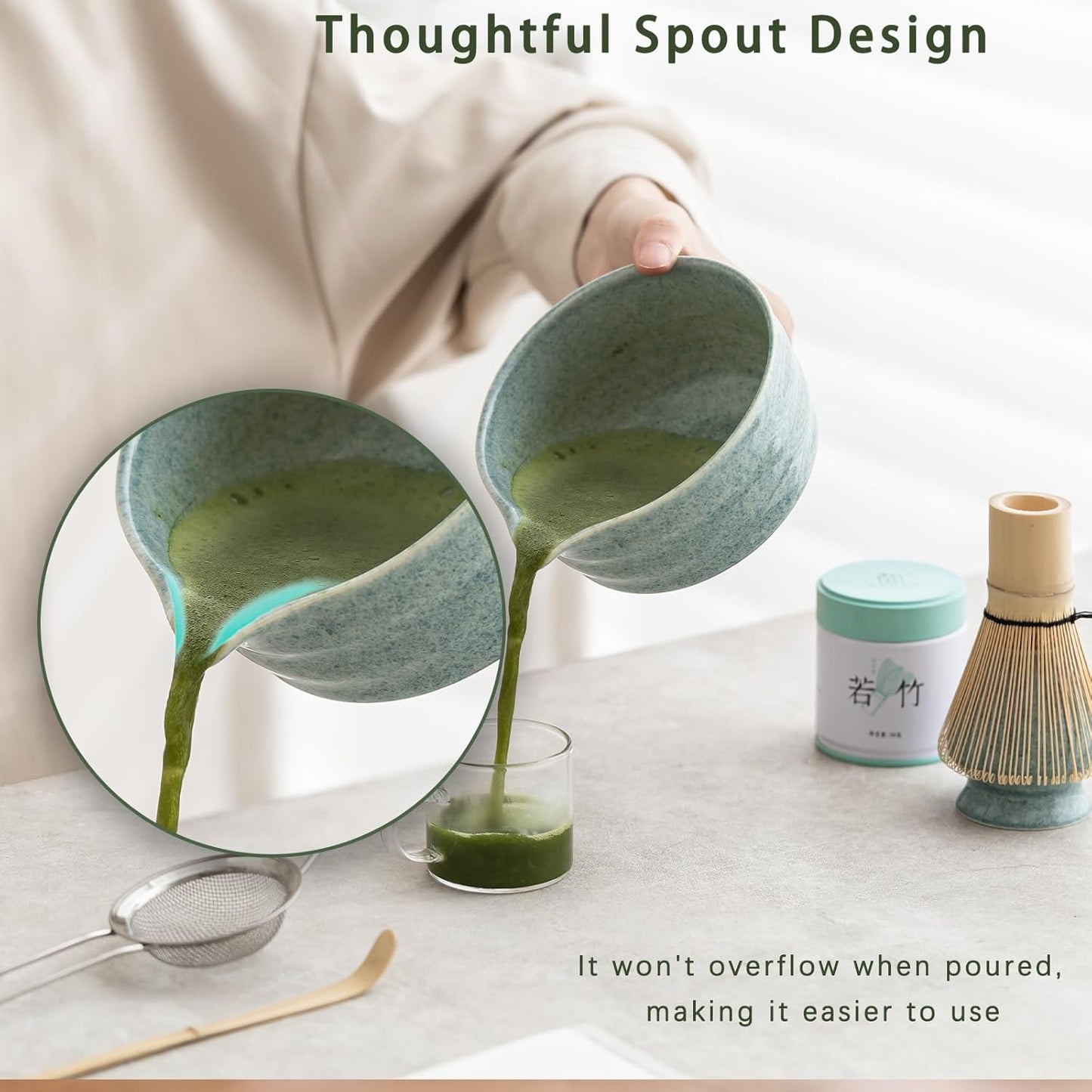 Matcha Set, Matcha Whisk Set Includes Matcha Bowl, Matcha Whisk Holder, Bamboo Matcha Whisk, Scoop and Matcha Sifter, 17 oz Mottled Blue Glaze Ceramic Matcha Kit for Tea Lovers