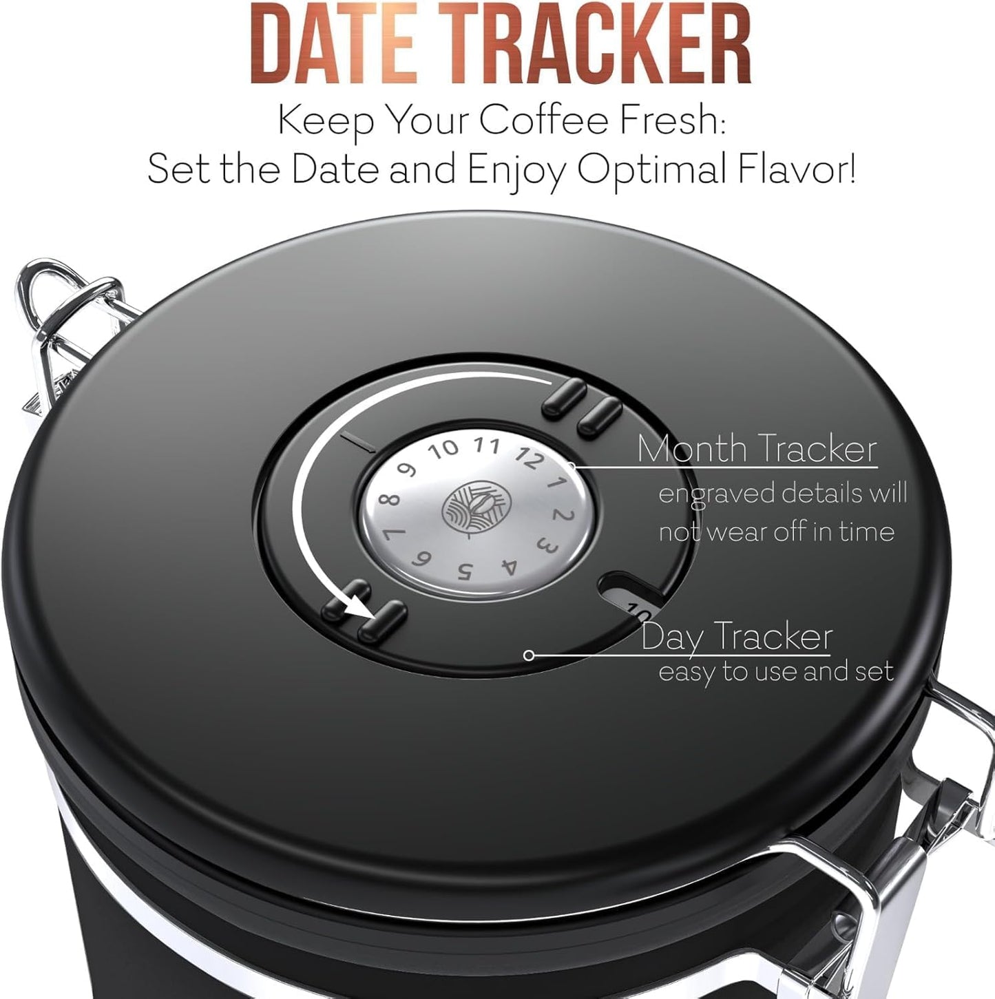 Coffee Canister – Airtight Stainless Steel Storage Container with Date Tracker & Scoop, Sealed Jar for Grounds, Beans, Tea, Flour, Cereal, and Sugar (Black Esspresso, 22OZ)