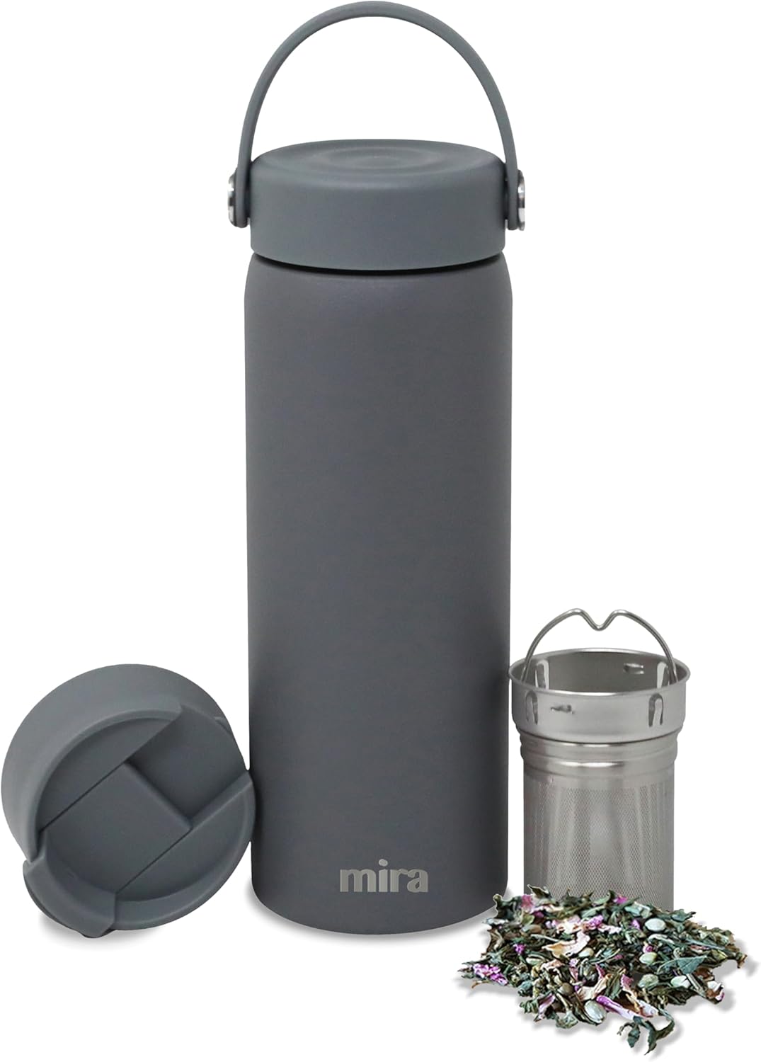 MIRA 18 oz Tea Infuser Thermos - Stainless Steel Travel Bottle with Removable Strainer for Loose Leaf Tea - Insulated Hot & Cold Brew Steeper - Smoke Gray