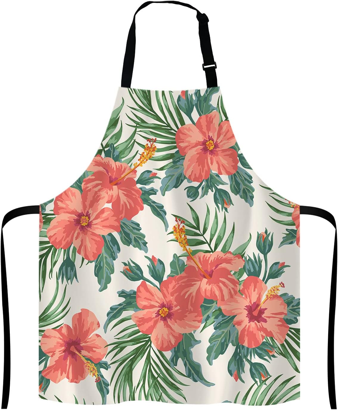 Tropical Leaves and Hawaiian Flower Bib Apron with Adjustable Neck for Men Women,Suitable for Home Kitchen Cooking Waitress Chef Grill Bistro Baking BBQ Cobbler Apron