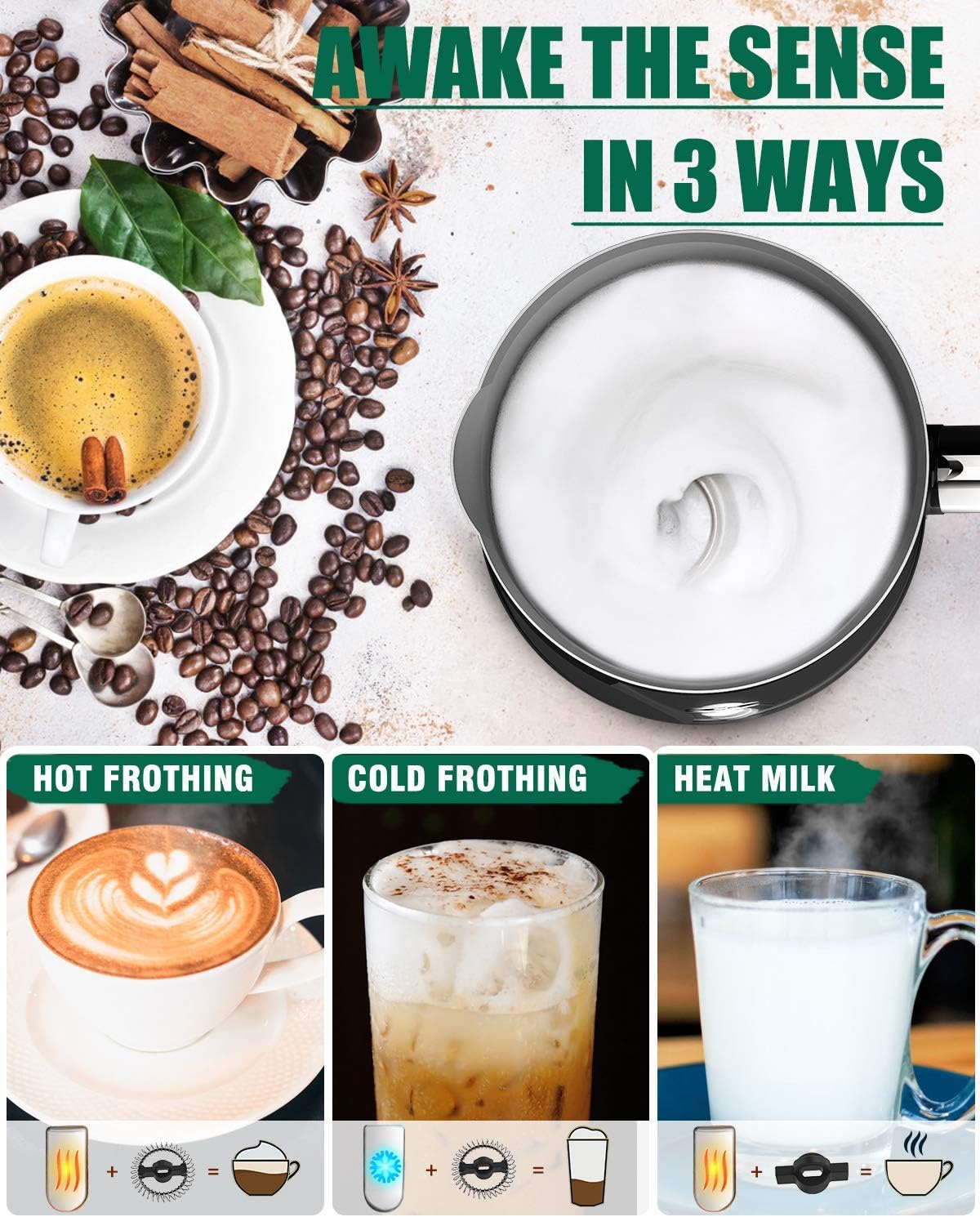 Huogary Milk Frother, Milk Steamer for Milk Foam & Hot Milk(4.5oz/10.5oz), Electric Milk Frother and Warmer for Homemade Coffee, 120V (Black)