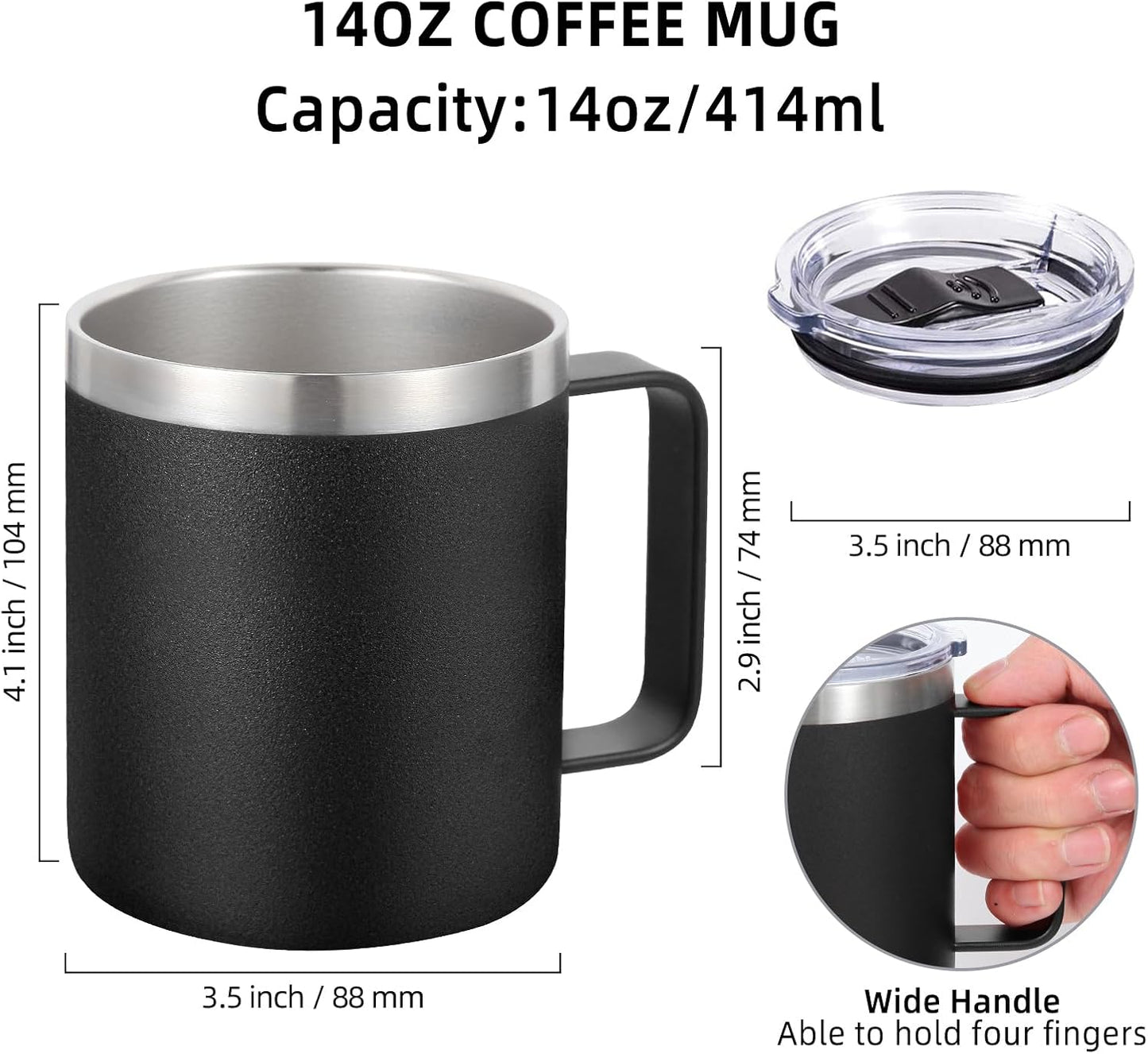 Volhoply 14oz Insulated Stainless Steel Coffee Mug with Lid Bulk 4 Pack,Double Wall Vacuum Travel Coffee Cup with Handle,Reusable Metal Cups Tumbler,Camping Mugs Keep Hot,Ideal Gifts(Black,4)