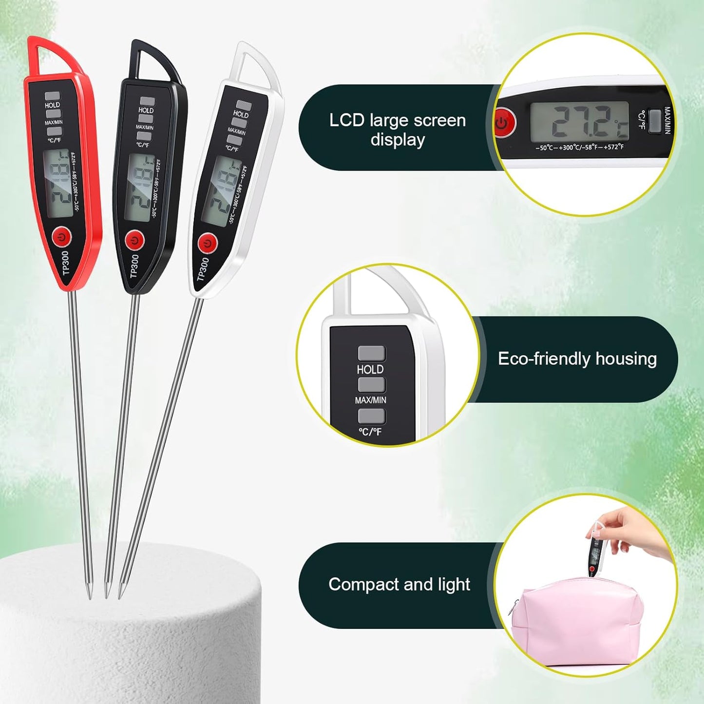 3 Set Waterproof Food Thermometer for Water, Liquid, Candle and Cooking Digital Meat Thermometer with Long Probe Instant Read for Kitchen BBQ Grill Candy (Black,White,Red)