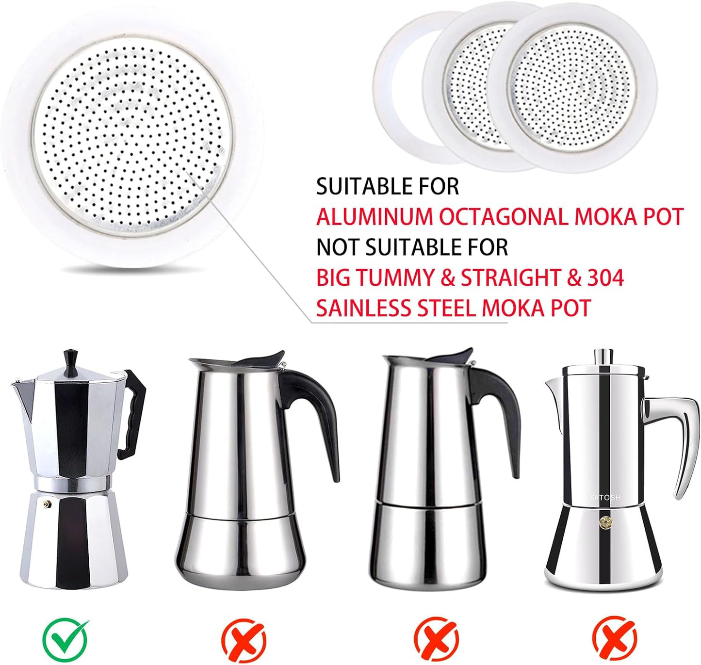 2 Pcs Filter with 3 Pcs Silicone Gasket Seals for 3 Cup Stovetop Espresso Coffee Maker Replacement Parts for DITOSH Aluminium Moka Pot