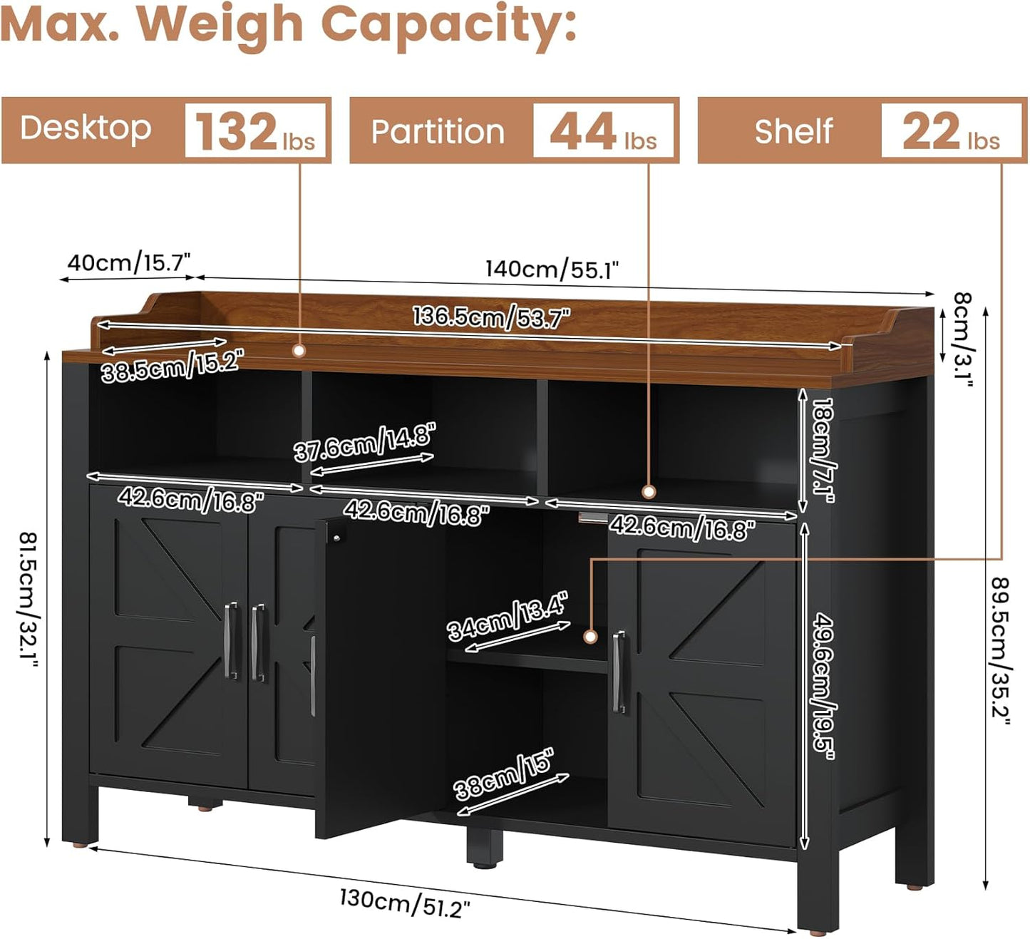 Buffet Cabinet with Storage Farmhouse with 4 Doors and 3 Open Compartments, 55'' Large Kitchen Storage Cabinet Black Wood Coffee Bar Buffet Sideboard for Kitchen, Dining Room, Living Room