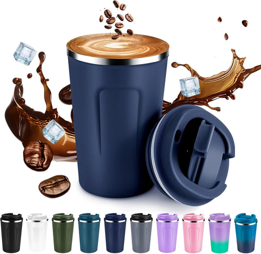 Volhoply 12 oz Double Wall Insulated Vacuum Travel Coffee Mug with Flip Lid,Reusable Stainless Steel Leak Proof Coffee Cup,Portable Iced Cafe Thermal Tumbler Suitable for Hot & Cold Drinks(Navy,1 Set)
